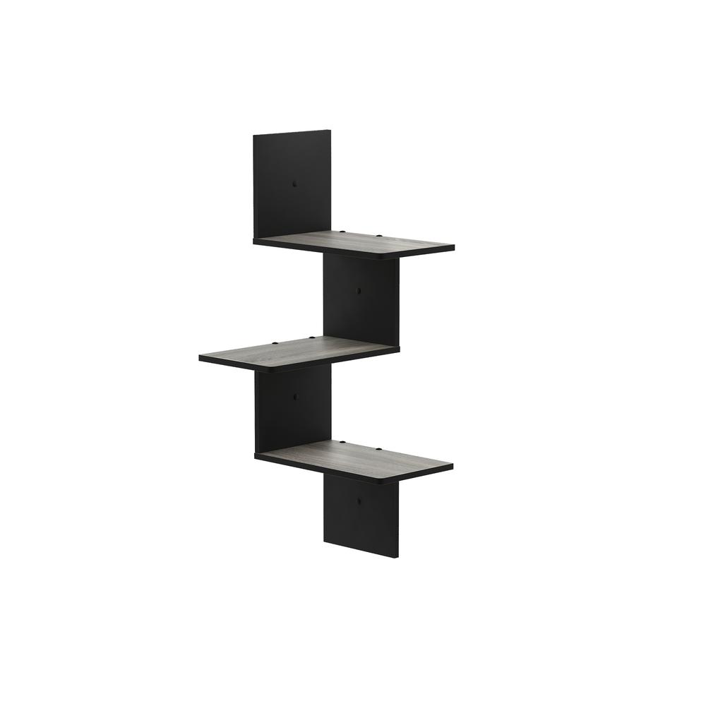 Rossi Modern 3-Tier Wall Floating Corner Shelf, French Oak Grey/Black. Picture 1