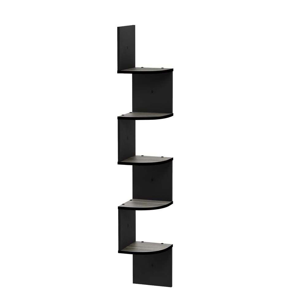 5 Tier Wall Mount Floating Radial Corner Shelf, French Oak Grey/Black. Picture 3