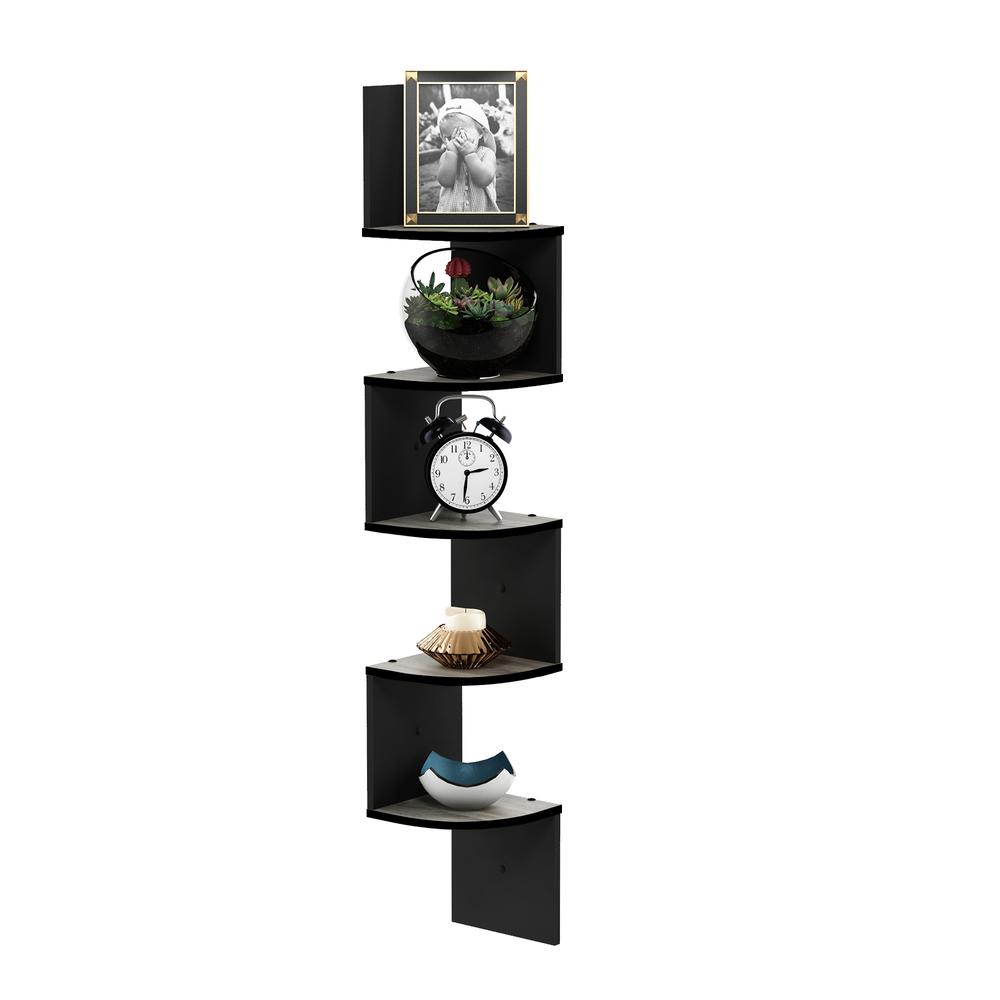 5 Tier Wall Mount Floating Radial Corner Shelf, French Oak Grey/Black. Picture 5