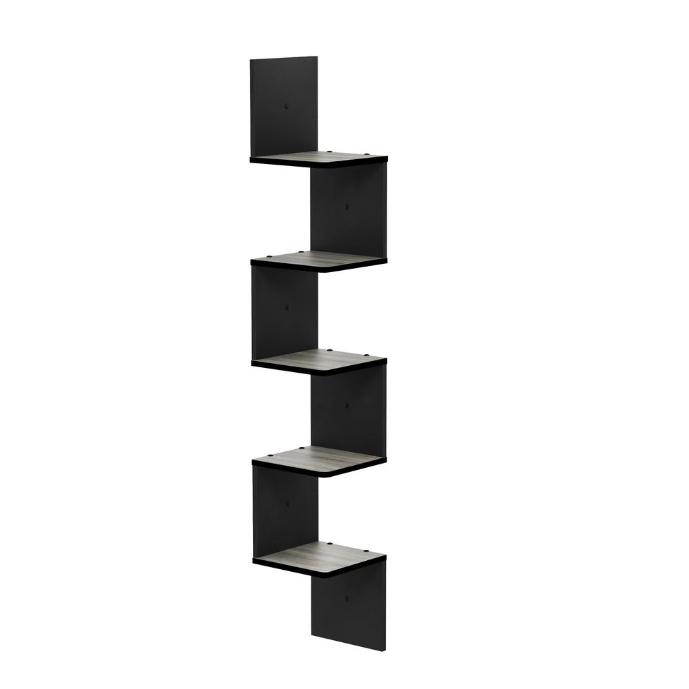 5 Tier Wall Mount Floating Corner Square Shelf, French Oak Grey/Black. Picture 1