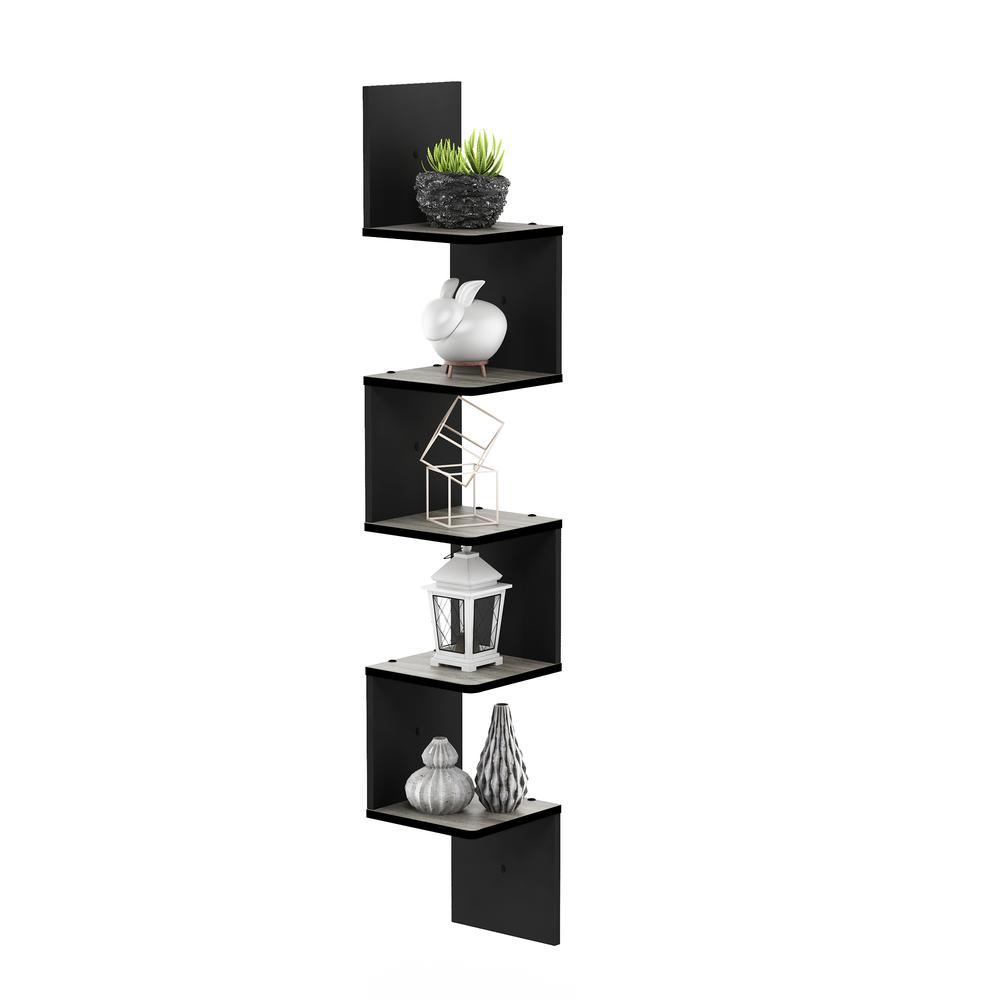 5 Tier Wall Mount Floating Corner Square Shelf, French Oak Grey/Black. Picture 5