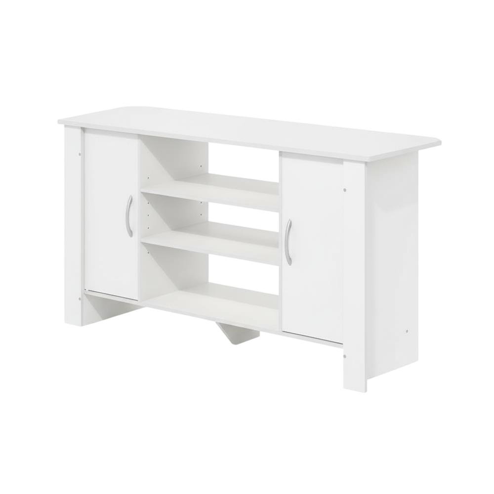 White TV Stand with Wood Finish and Storage Shelves. Picture 1