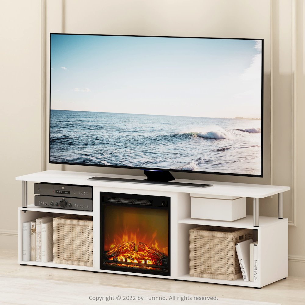Furinno Jensen Fireplace Entertainment Center for TV up to 70 Inch with Stainless Steel Tubes, White Oak/Chrome. Picture 3