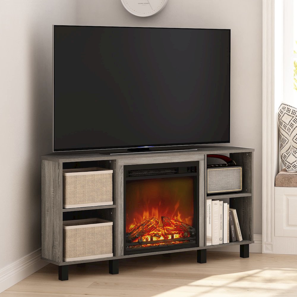 Furinno Jensen Corner Fireplce TV Stand with Metal Leg for TV up to 55 Inches, French Oak Grey. Picture 3