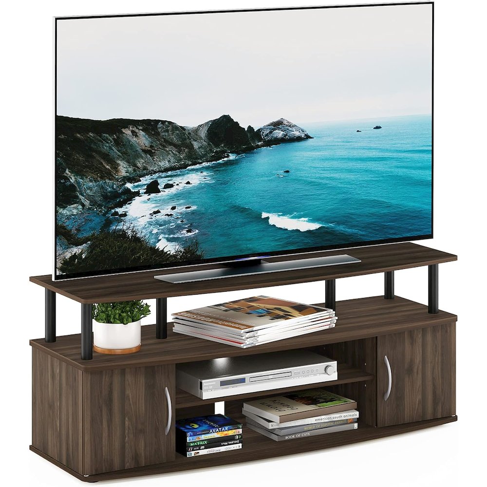Brown 50 Inch TV Stand with Open Shelves and Dual Storage Cabinet Doors. Picture 7