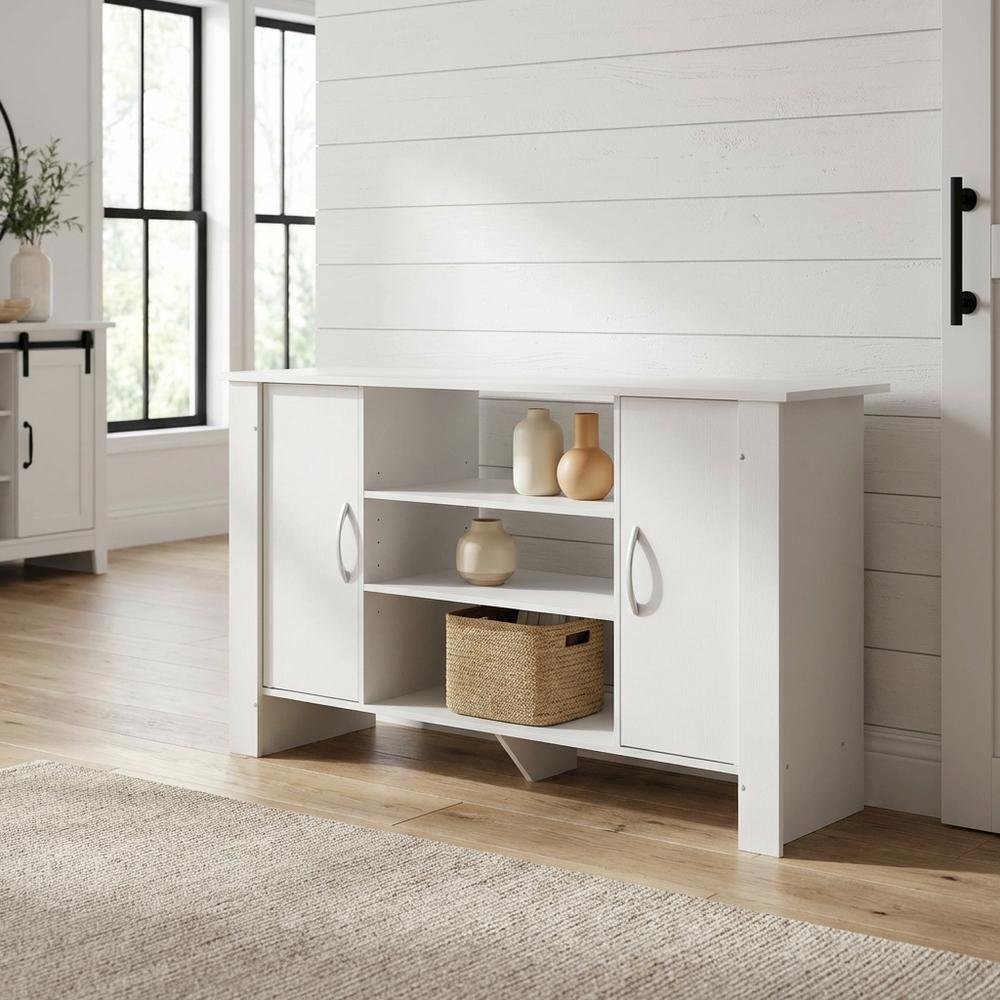 White TV Stand with Wood Finish and Storage Shelves. Picture 2