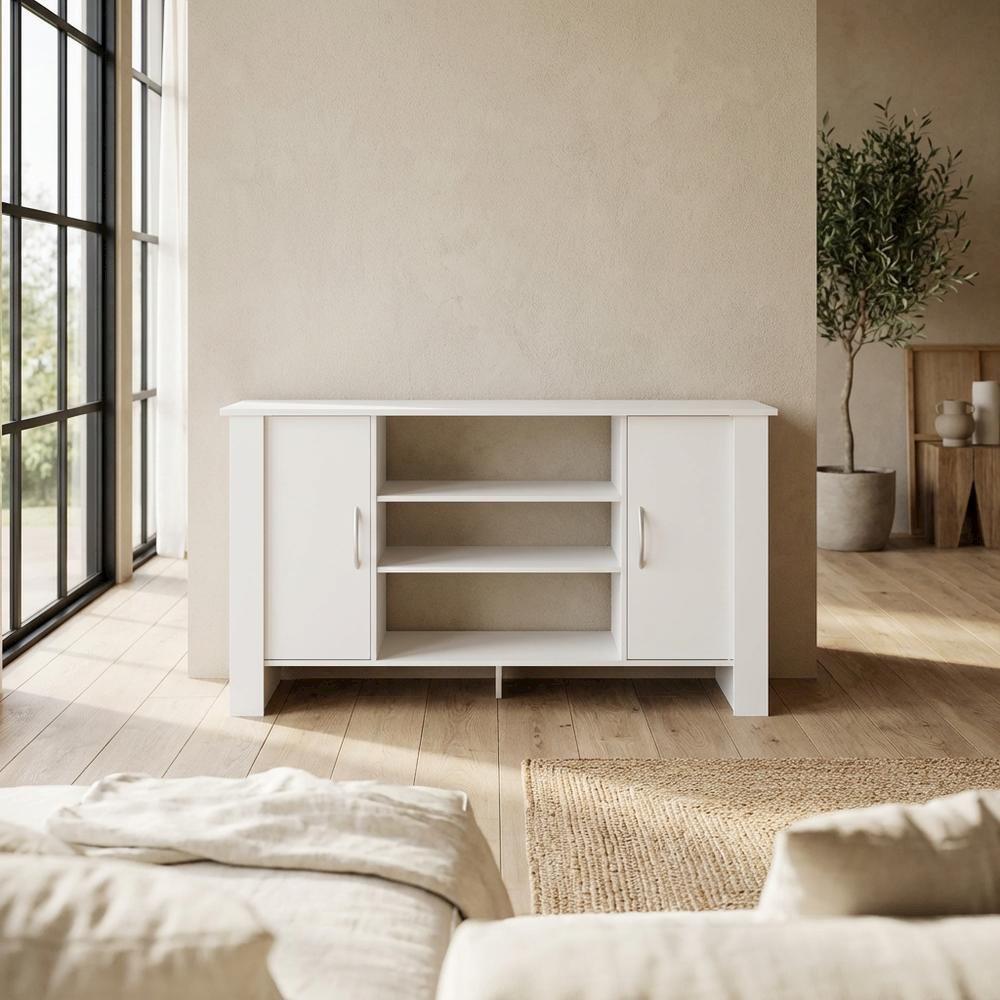 White TV Stand with Wood Finish and Storage Shelves. Picture 3