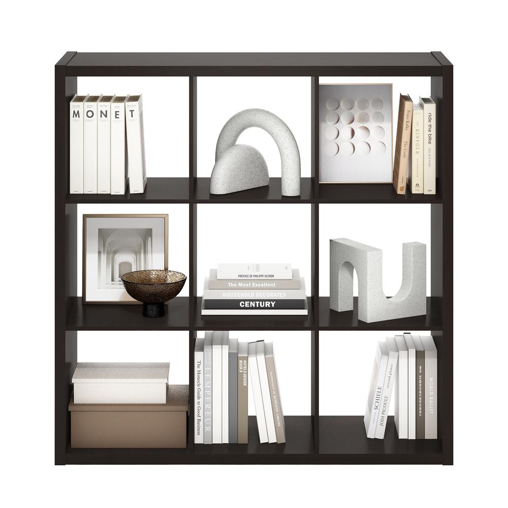 Furinno Cubicle Open Back Decorative Cube Storage Organizer, 9-Cube, Dark Oak. Picture 5