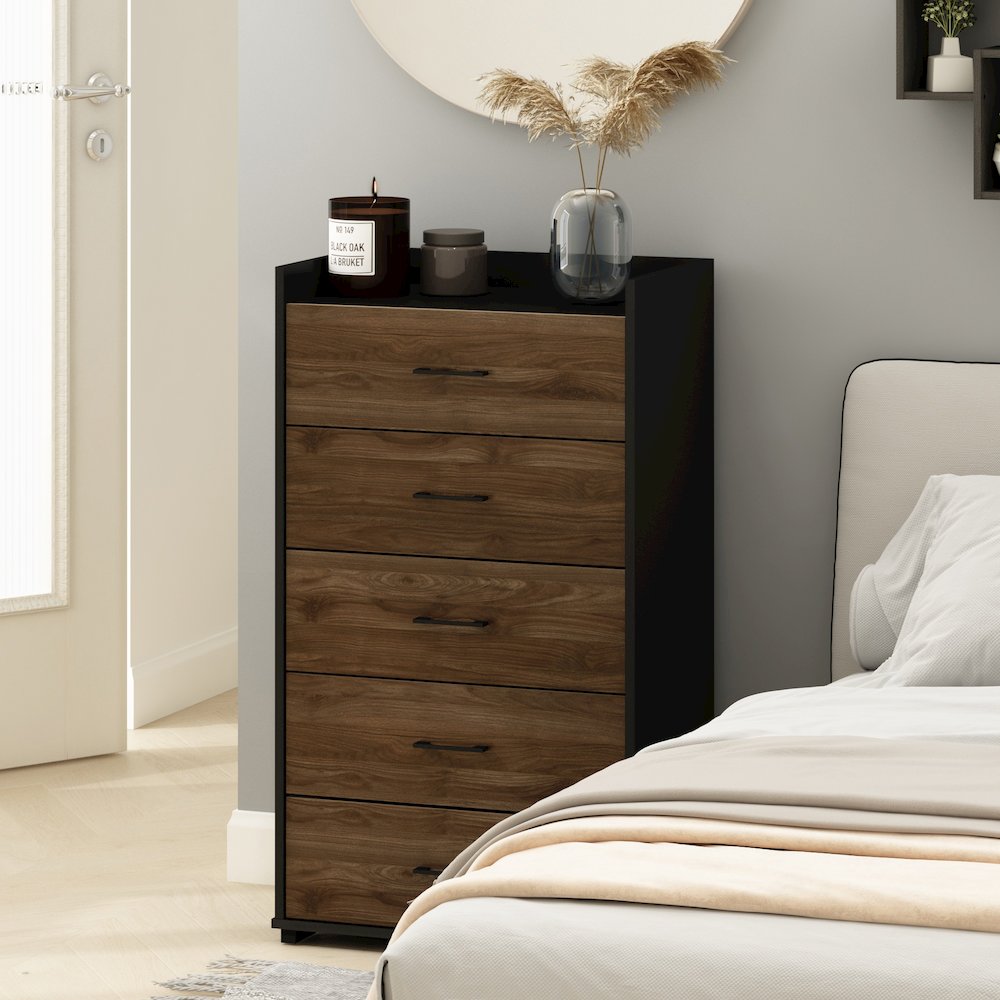 Furinno Tidur Modern Organization and Storage Handle Bedroom 5-Drawer Chest Dresser, Columbia Walnut/Black. Picture 7