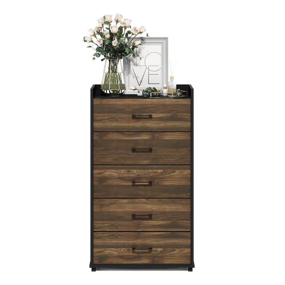 Furinno Tidur Modern Organization and Storage Handle Bedroom 5-Drawer Chest Dresser, Columbia Walnut/Black. Picture 6