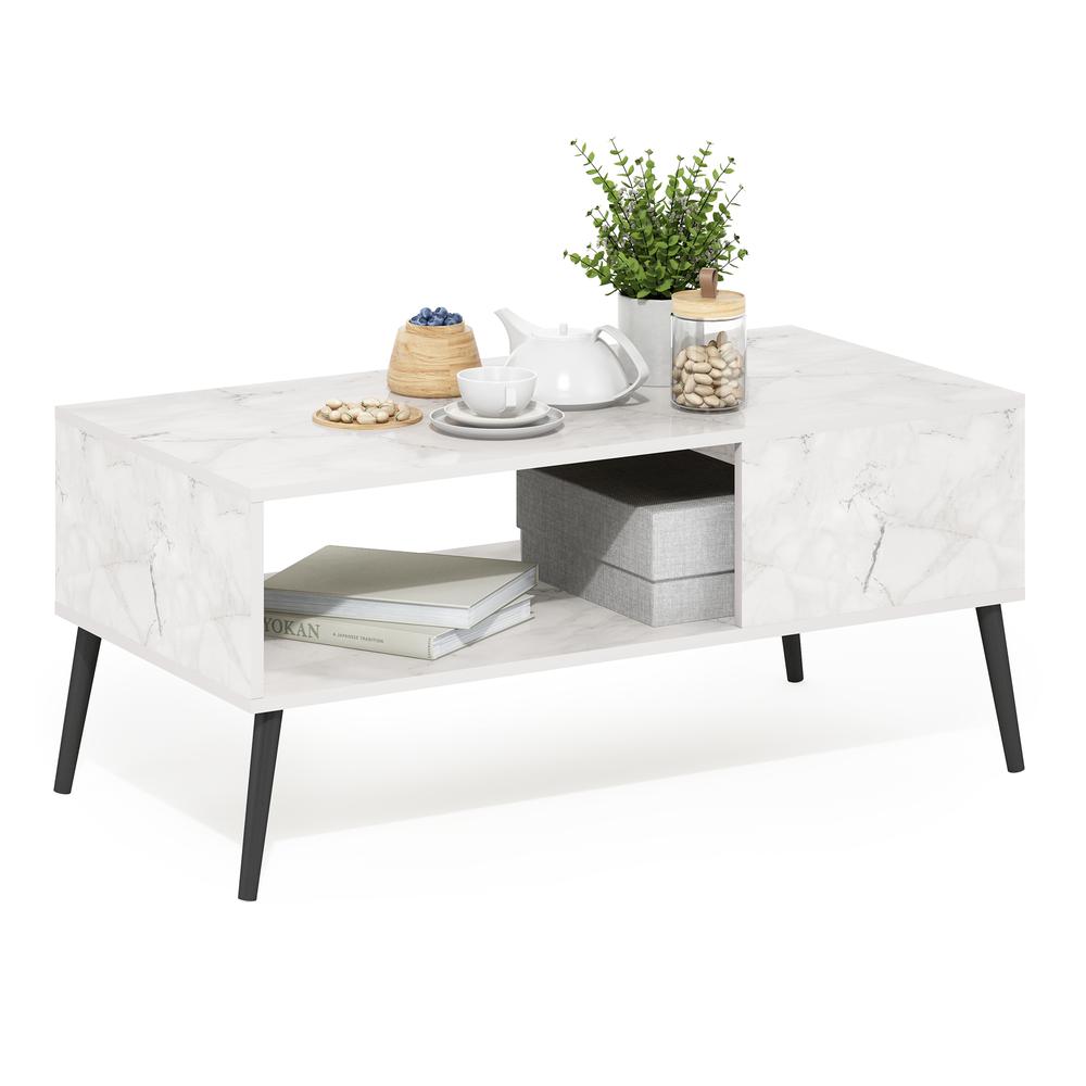 Furinno Claude Mid Century Style Coffee Table with Wood Legs, Marble White. Picture 4