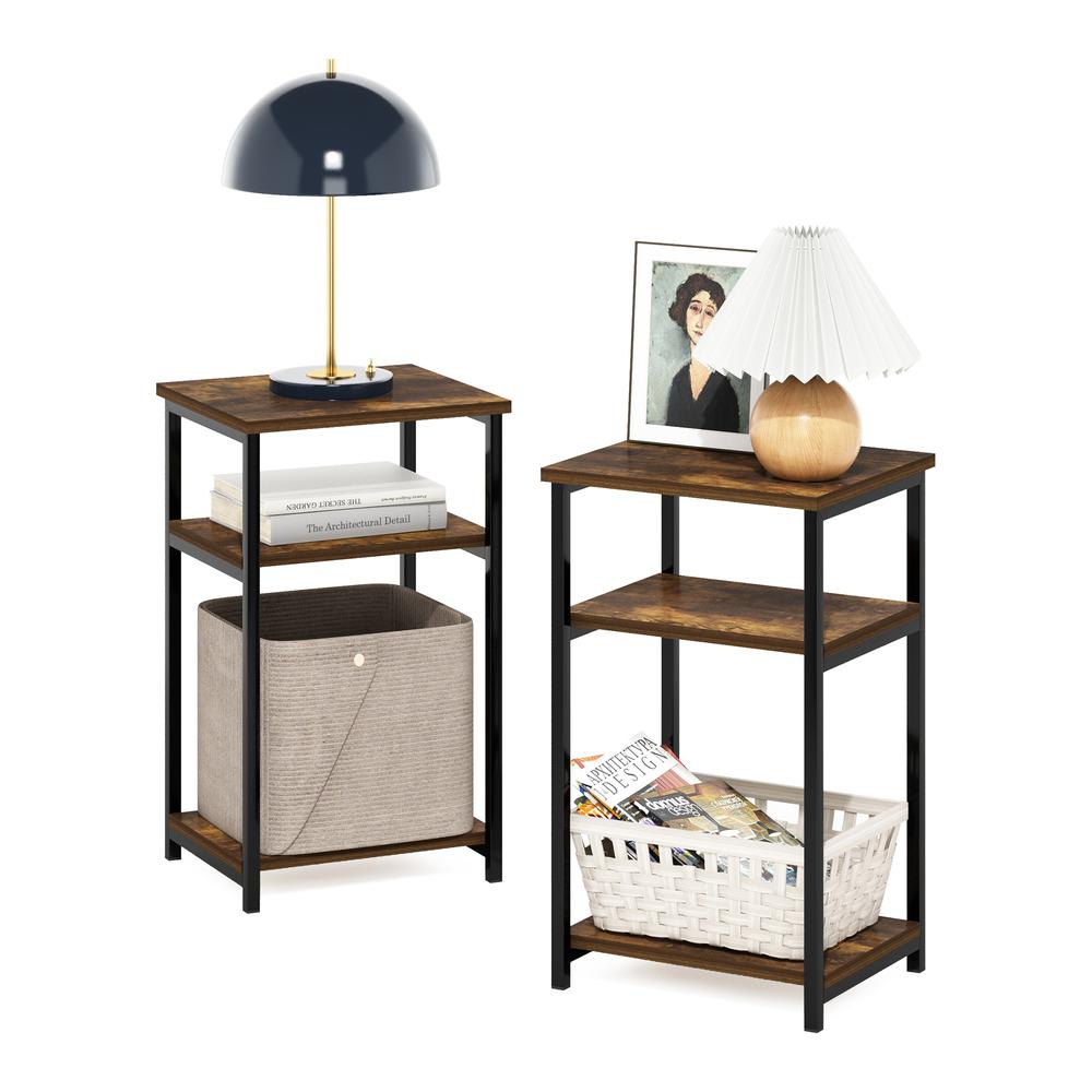 Furinno Just 3-Tier Industrial Metal Frame End Table with Storage Shelves, 2-Pack, Amber Pine. Picture 3
