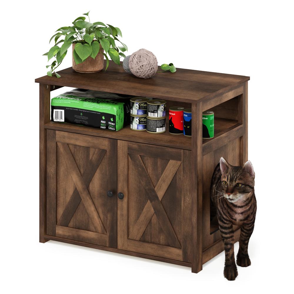Furinno Peli Farmhouse Cat Litter Cabinet Storage with 2 Doors, Rustic Brown. Picture 6