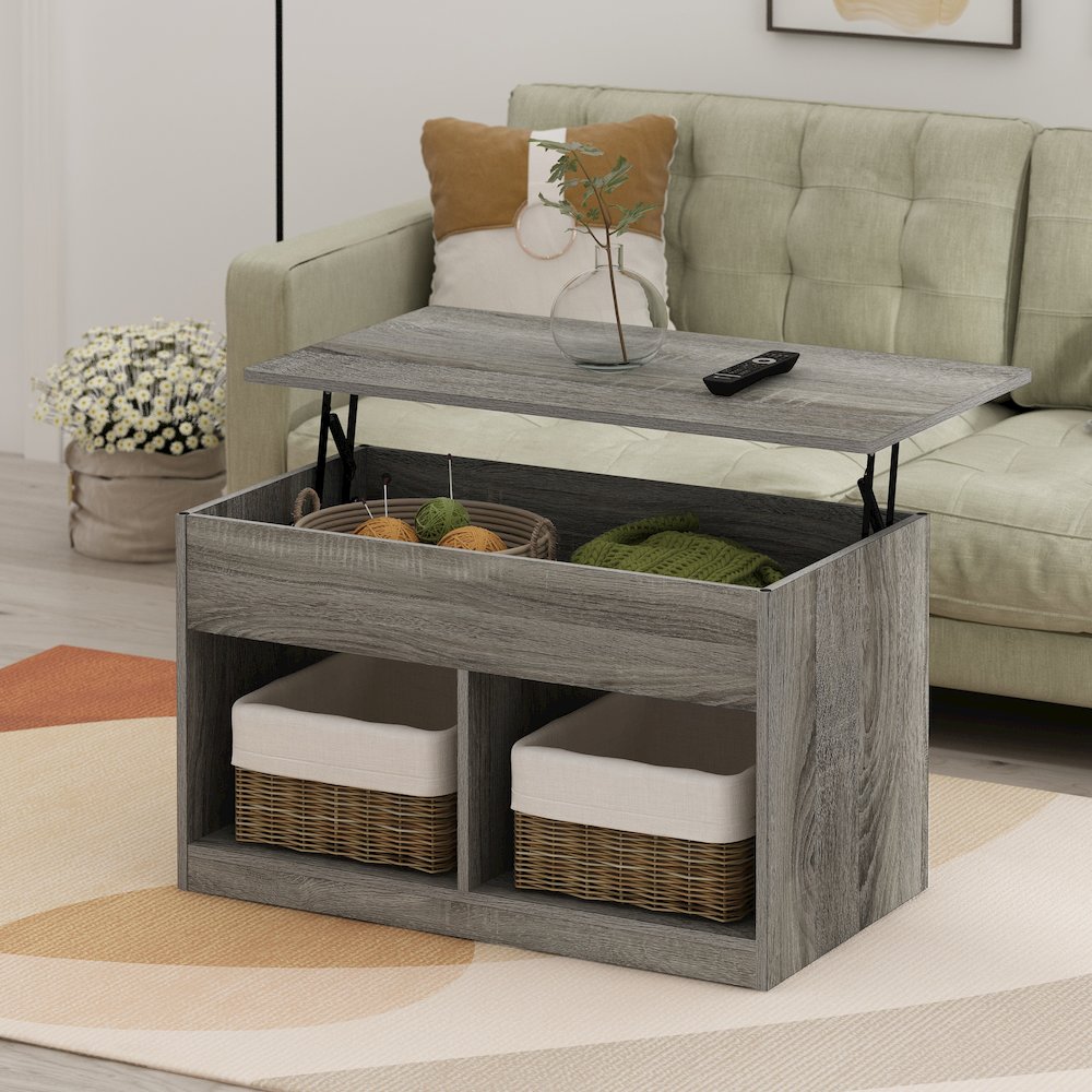 Living Room Lift Top Coffee Table With Hidden Compartment, French Oak Grey. Picture 6