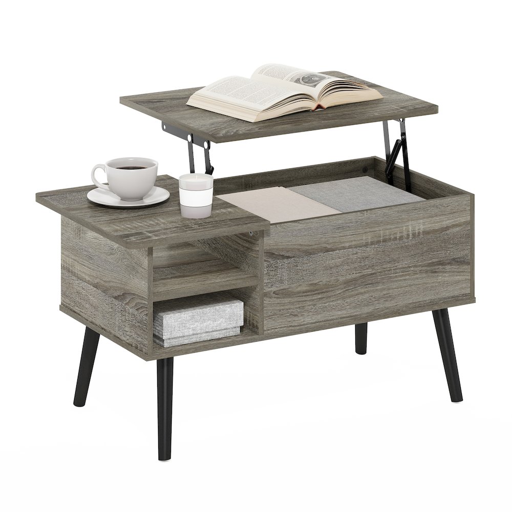Lift Top Coffee Table, Storage Shelf, Side Shelf, Hidden Compartment, Grey Oak. Picture 3