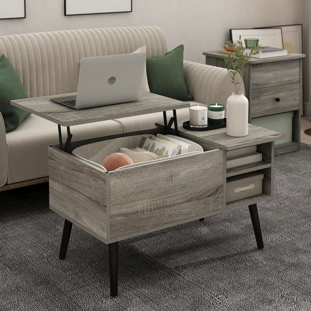 Lift Top Coffee Table, Storage Shelf, Side Shelf, Hidden Compartment, Grey Oak. Picture 4