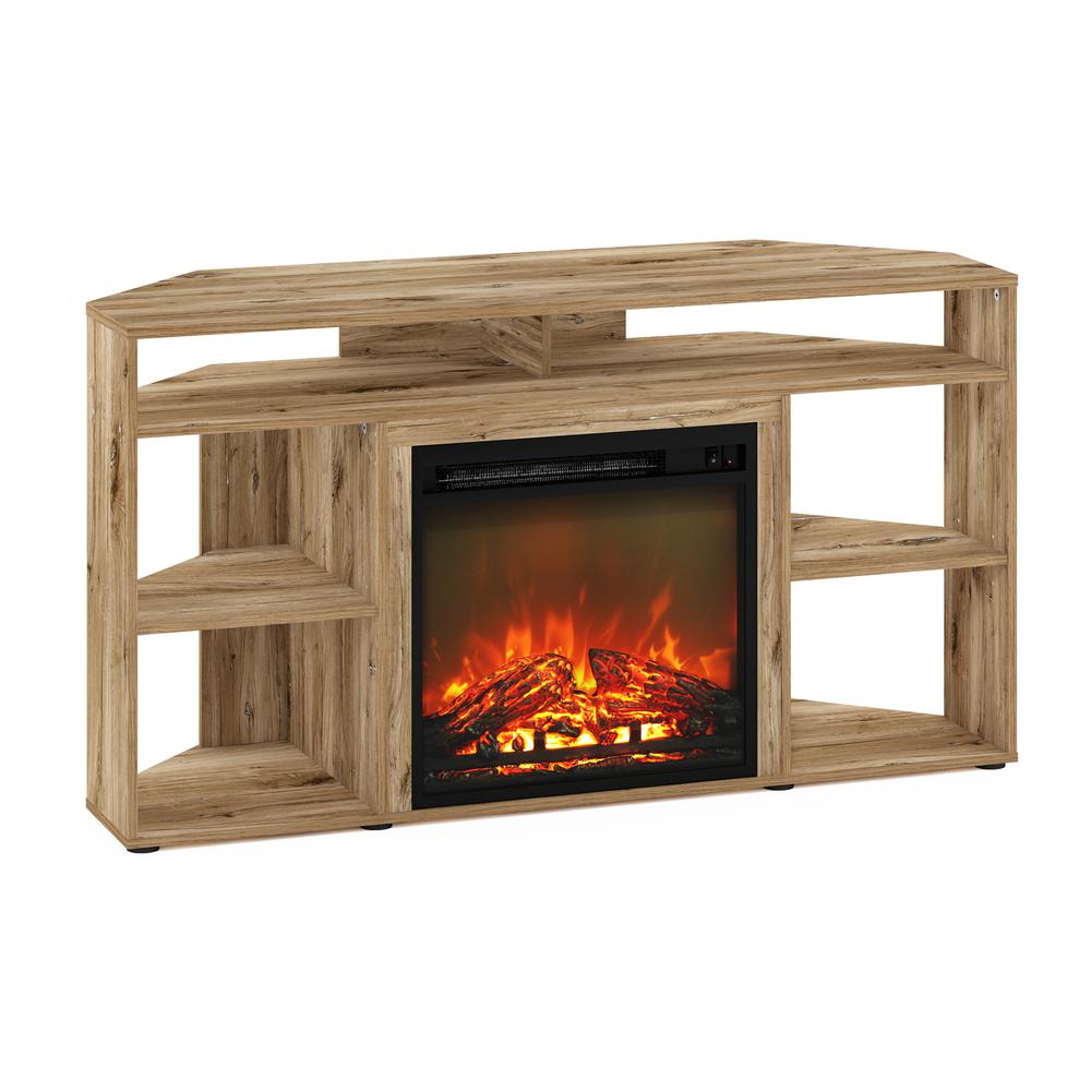 Jensen Corner TV Stand with Fireplace for TV up to 55 Inches, Flagstaff Oak. Picture 1