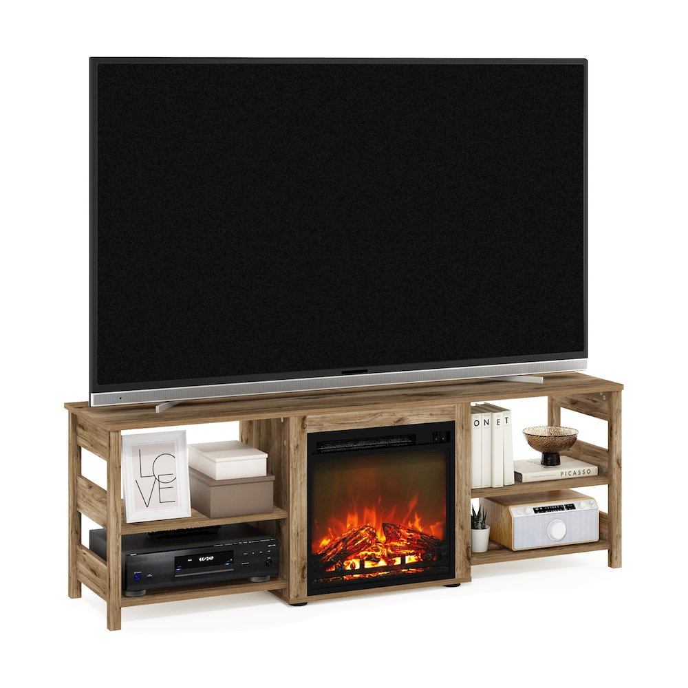 Classic 70 Inch TV Stand with Fireplace, Flagstaff Oak. Picture 1