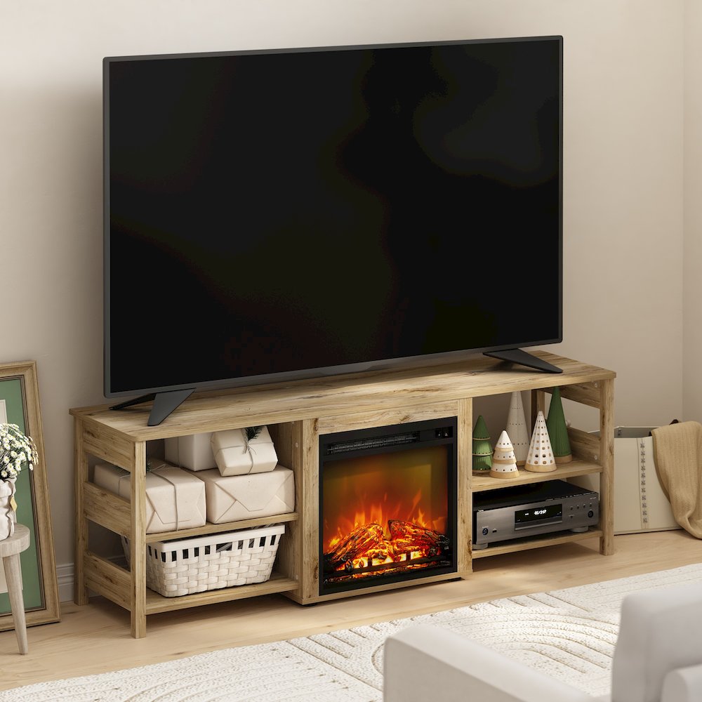 Classic 70 Inch TV Stand with Fireplace, Flagstaff Oak. Picture 5