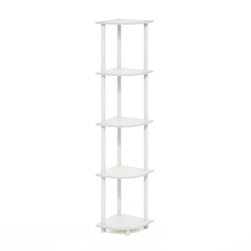 Turn-N-Tube 5 Tier Corner Display Rack Multipurpose Shelving Unit, White/White. Picture 1