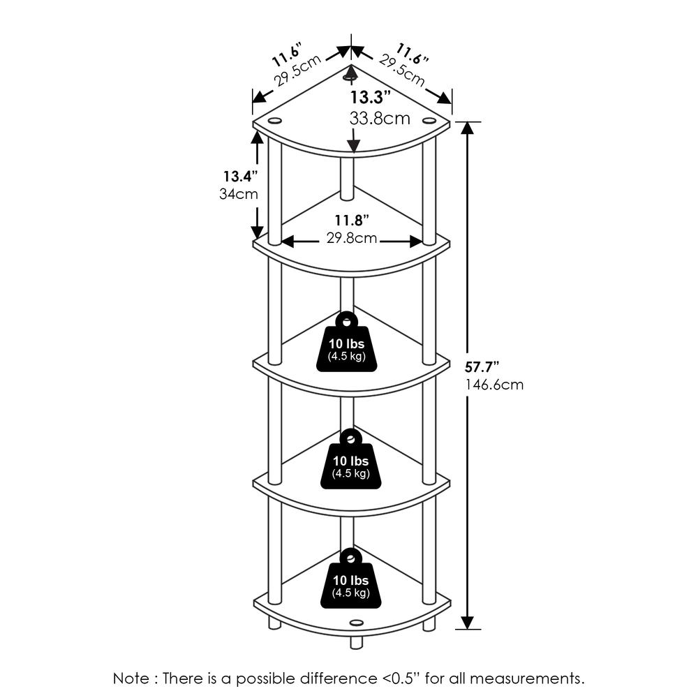 Turn-N-Tube 5 Tier Corner Display Rack Multipurpose Shelving Unit, White/White. Picture 6