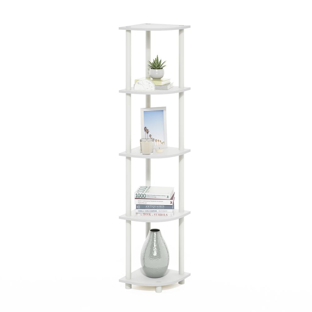 Turn-N-Tube 5 Tier Corner Display Rack Multipurpose Shelving Unit, White/White. Picture 3