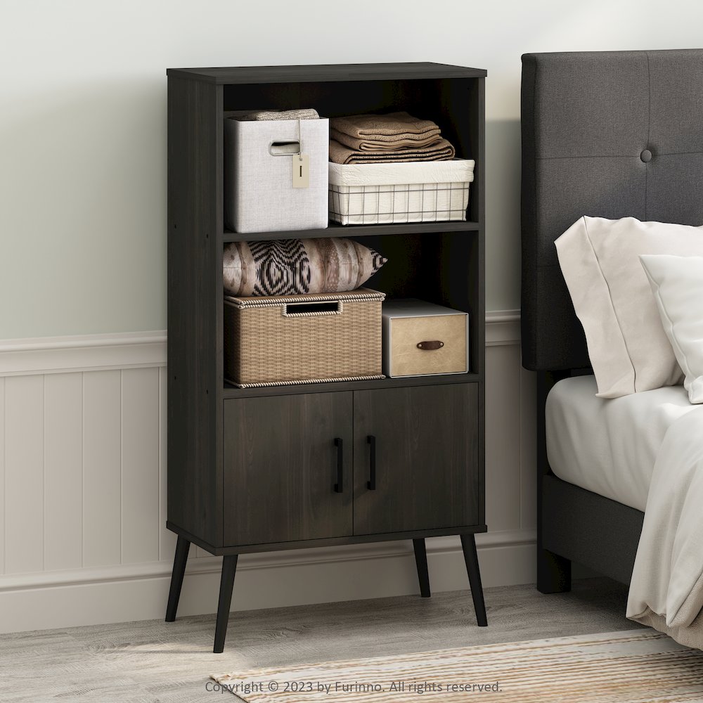 Mid-Century Open Display Shelves & Storage Cabinet with Wooden Legs, Espresso. Picture 6