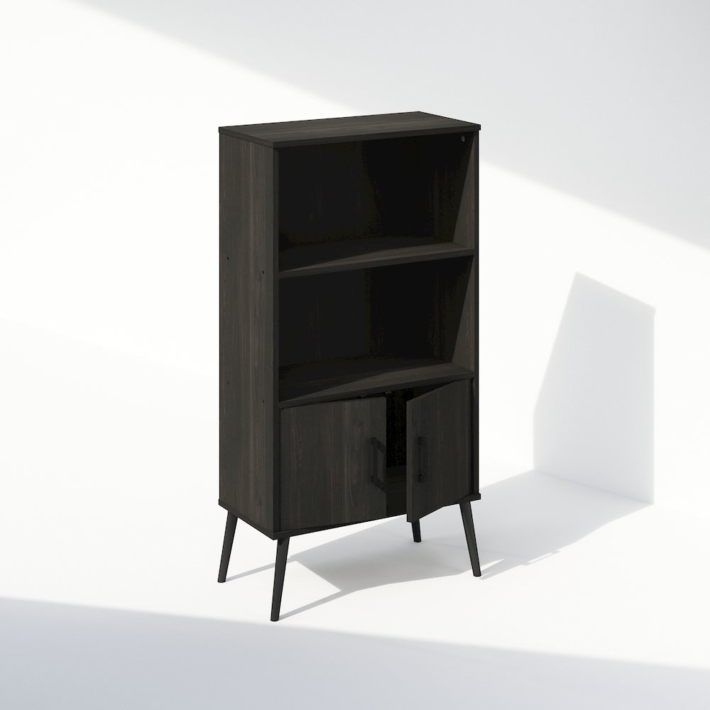 Mid-Century Open Display Shelves & Storage Cabinet with Wooden Legs, Espresso. Picture 1
