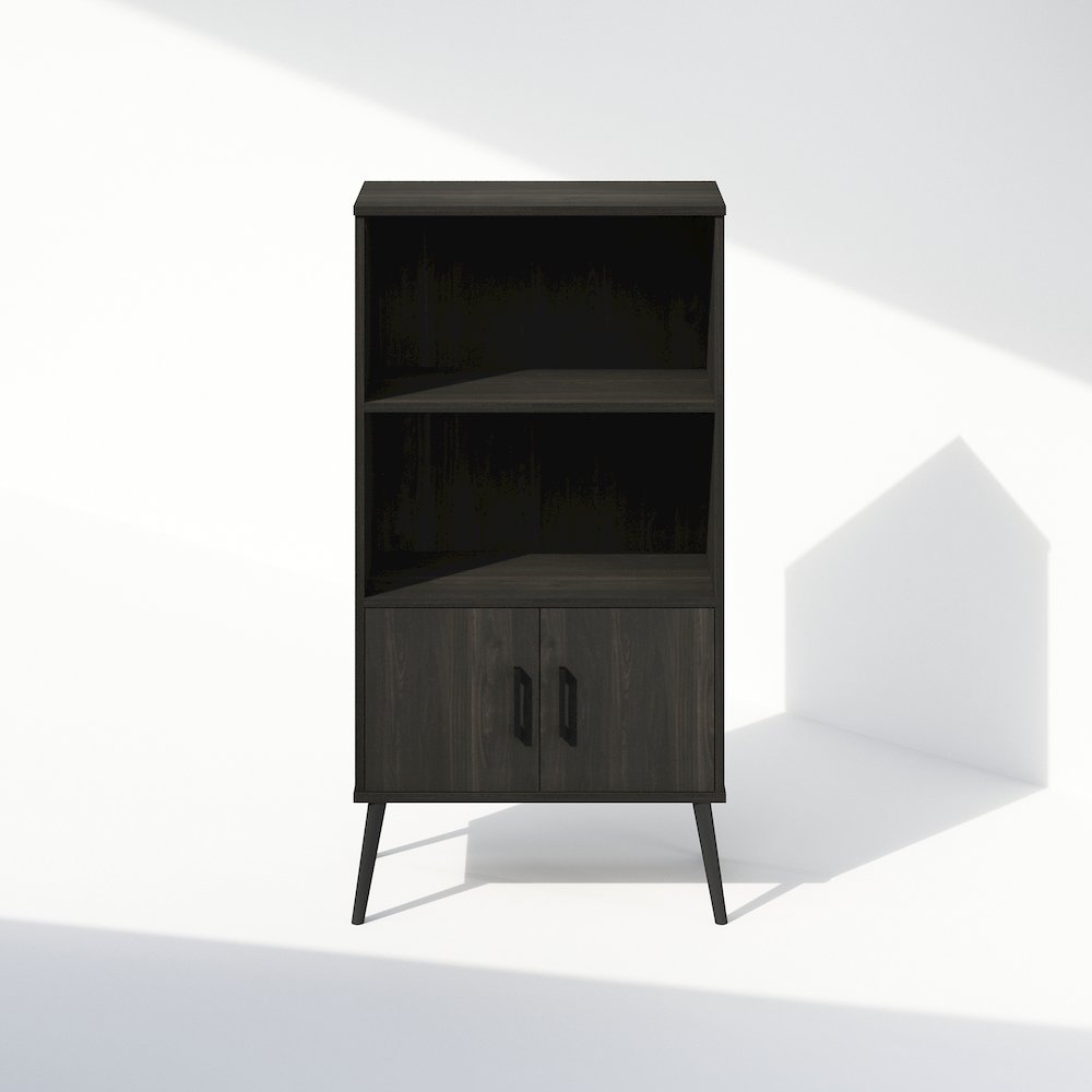 Mid-Century Open Display Shelves & Storage Cabinet with Wooden Legs, Espresso. Picture 3
