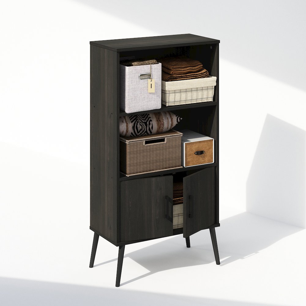 Mid-Century Open Display Shelves & Storage Cabinet with Wooden Legs, Espresso. Picture 4