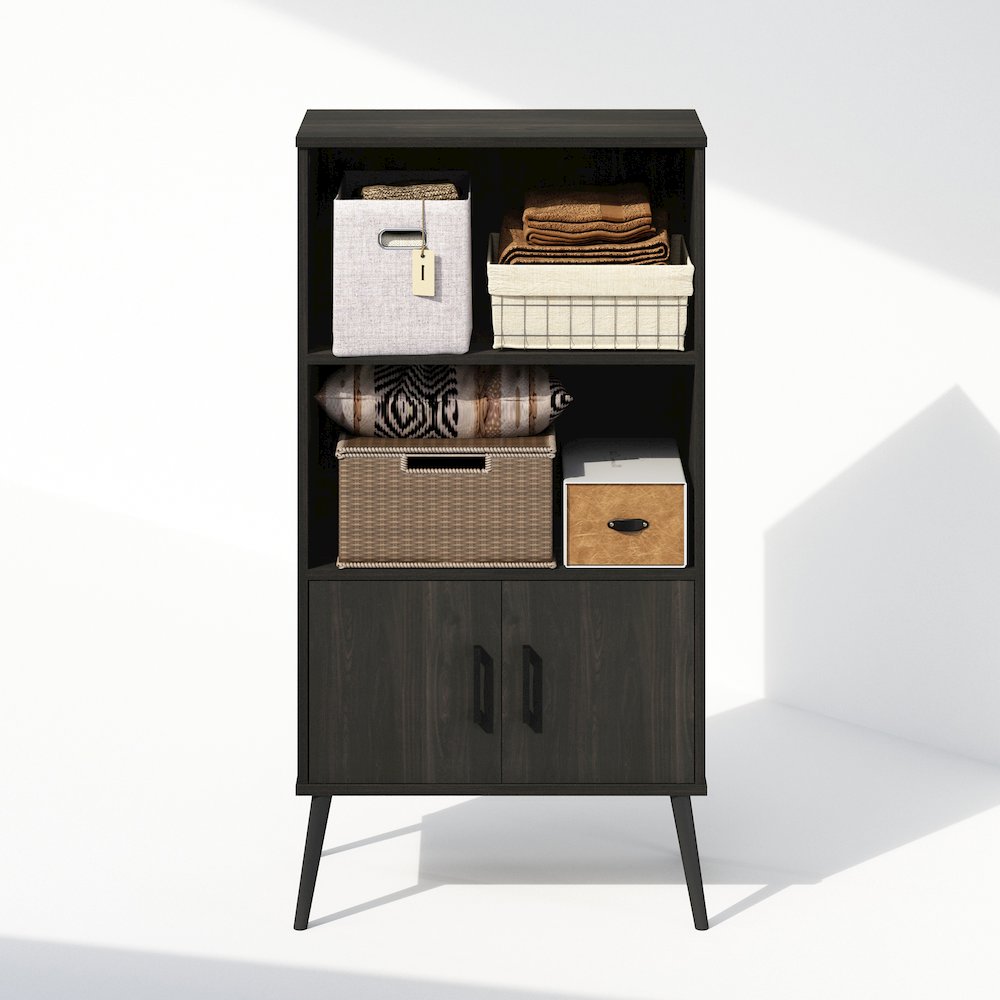 Mid-Century Open Display Shelves & Storage Cabinet with Wooden Legs, Espresso. Picture 5