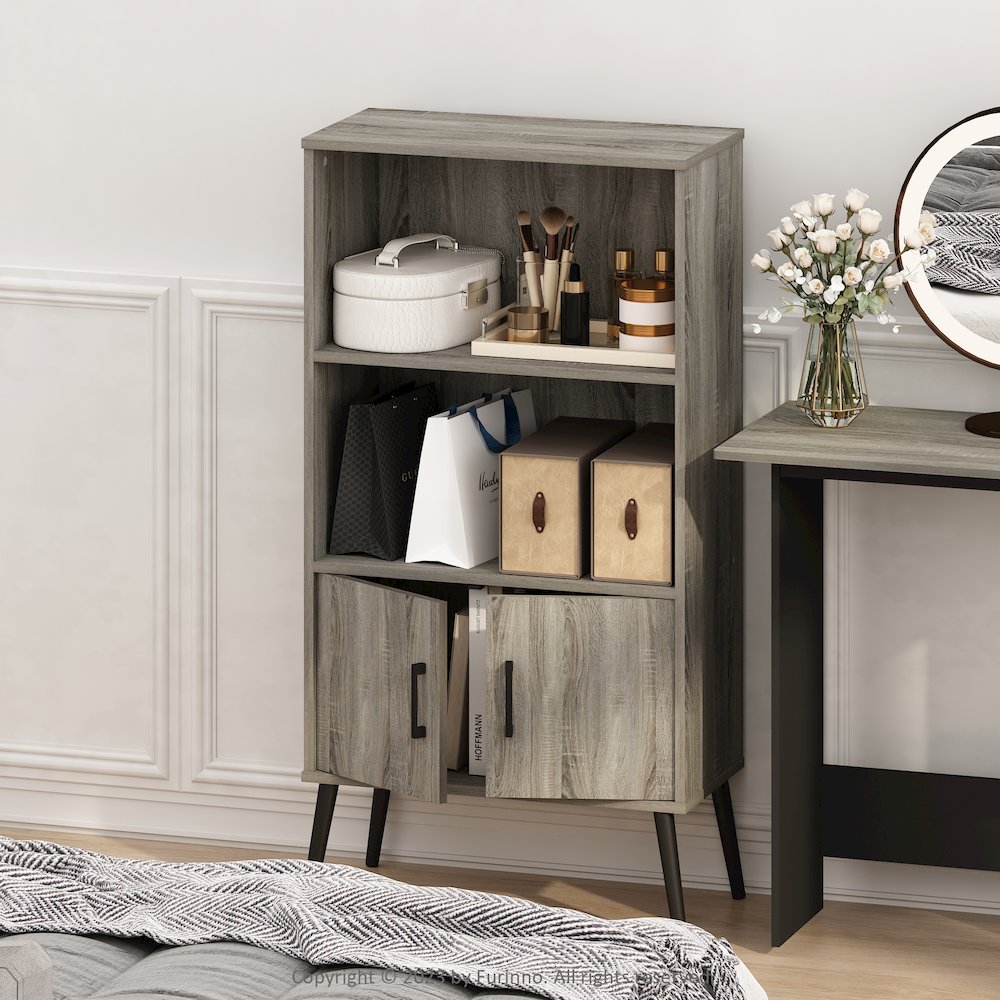 Mid-Century Open Display Shelves & Storage Cabinet with Wooden Legsnch Oak Grey. Picture 6