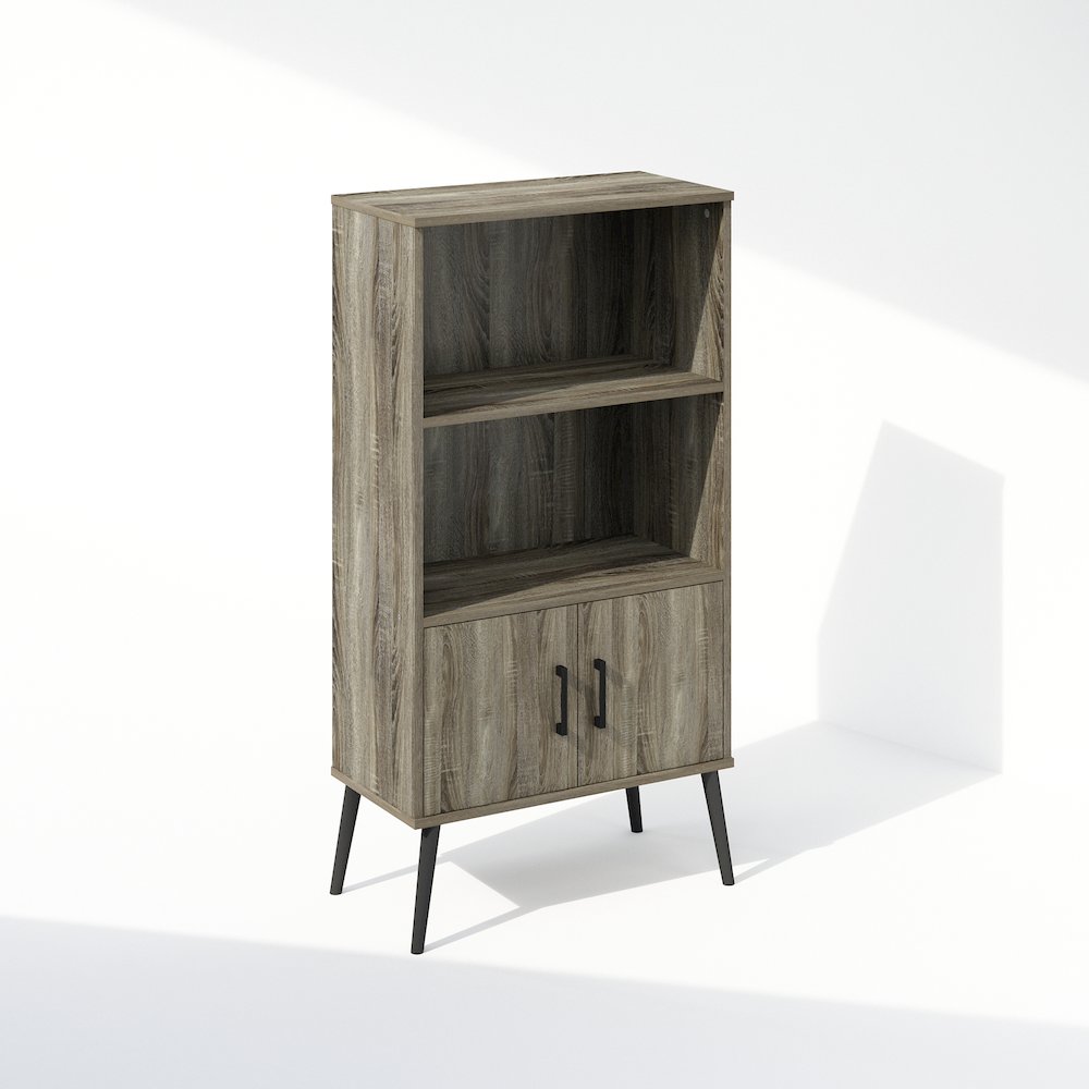 Mid-Century Open Display Shelves & Storage Cabinet with Wooden Legsnch Oak Grey. Picture 1