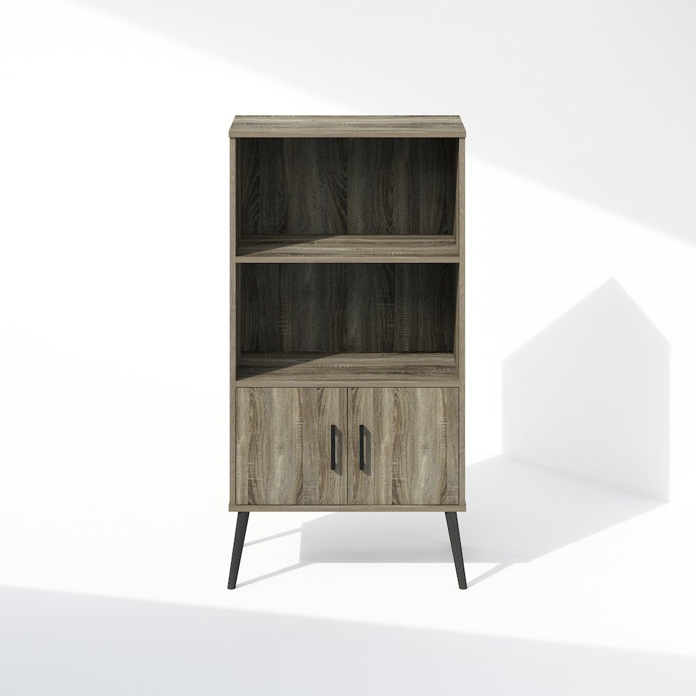 Mid-Century Open Display Shelves & Storage Cabinet with Wooden Legsnch Oak Grey. Picture 3