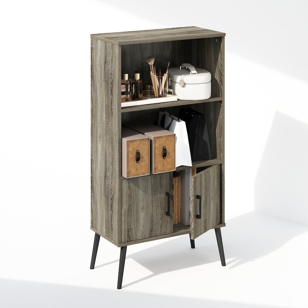 Mid-Century Open Display Shelves & Storage Cabinet with Wooden Legsnch Oak Grey. Picture 4