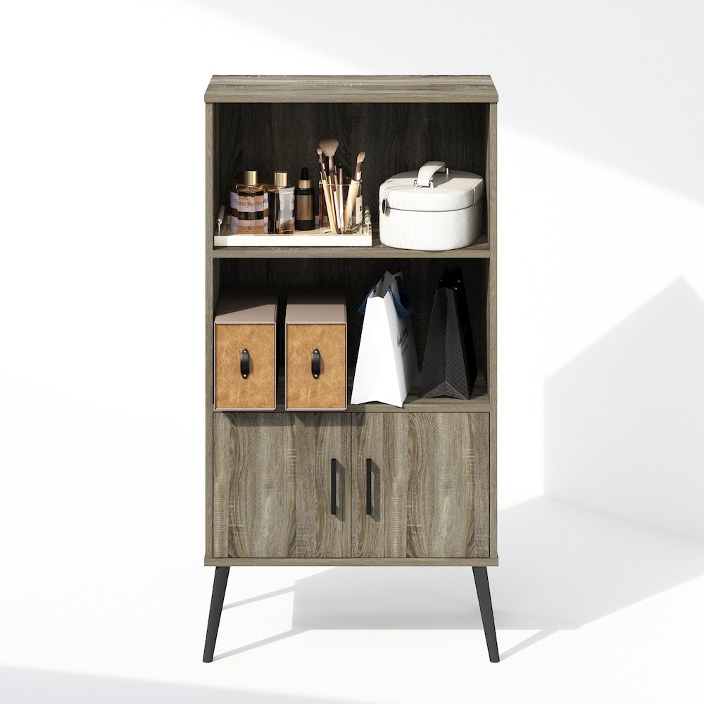 Mid-Century Open Display Shelves & Storage Cabinet with Wooden Legsnch Oak Grey. Picture 5