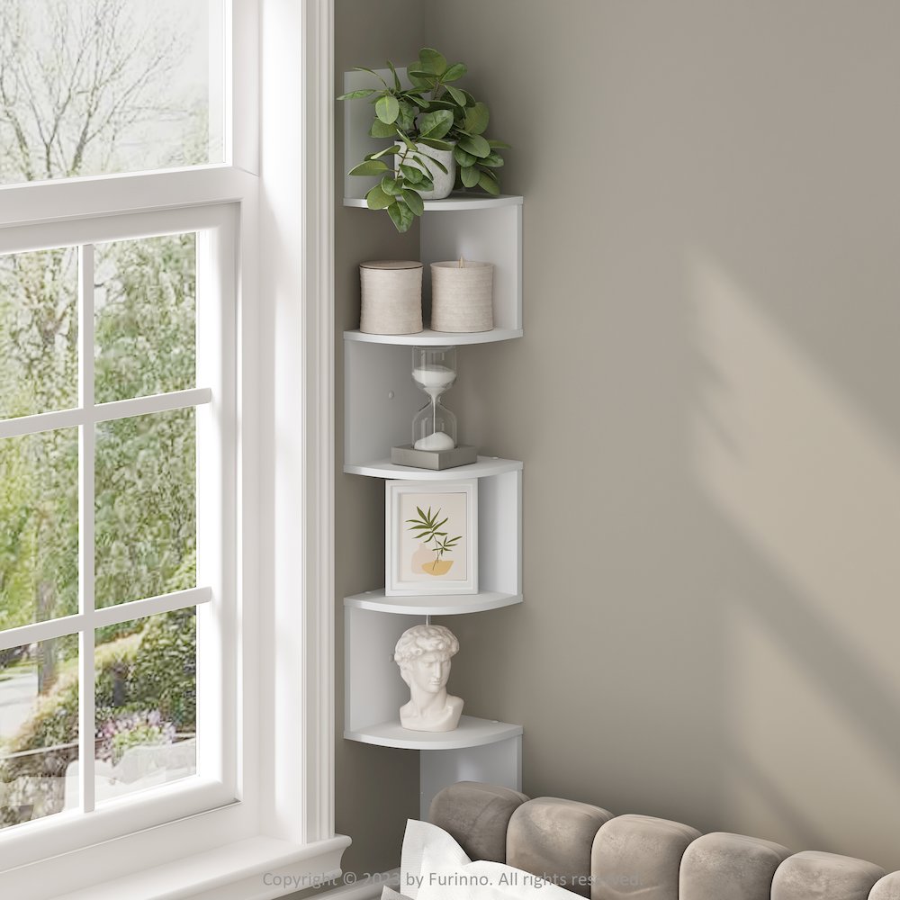 5-Tier Floating Corner Shelf, Wall Mount Shelves for Storage and Display, White. Picture 6
