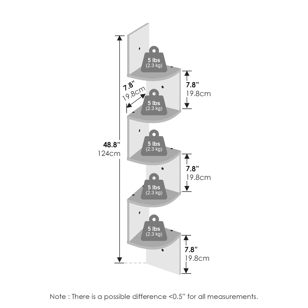 5-Tier Floating Corner Shelf, Wall Mount Shelves for Storage and Display, White. Picture 2