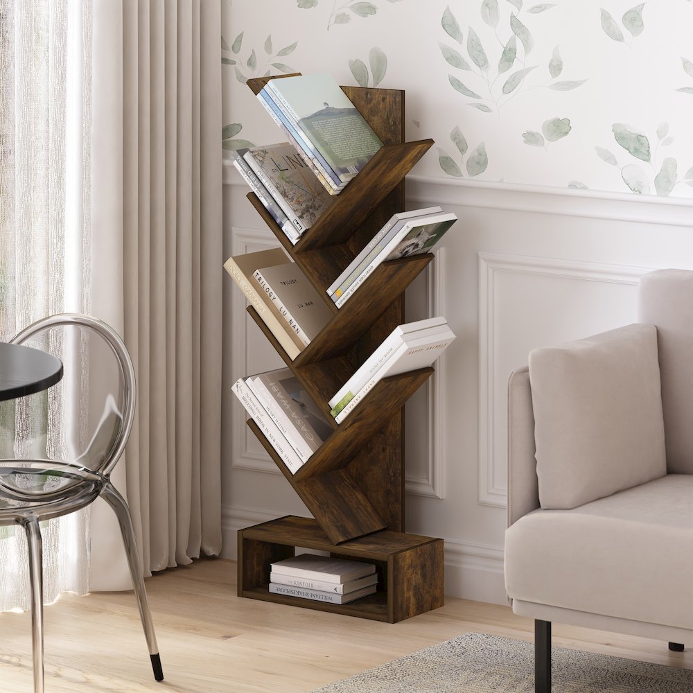Tree Bookshelf 7-Tier Floor Standing Tree Bookcase with Bottom Shelf, Amber Pine. Picture 6