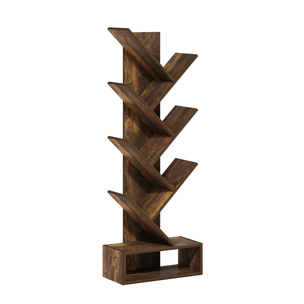 Tree Bookshelf 7-Tier Floor Standing Tree Bookcase with Bottom Shelf, Amber Pine. Picture 1