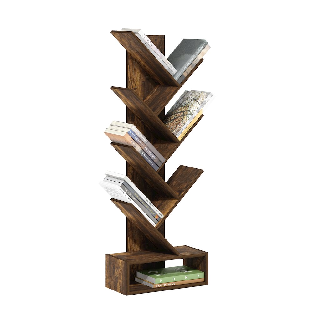 Tree Bookshelf 7-Tier Floor Standing Tree Bookcase with Bottom Shelf, Amber Pine. Picture 4