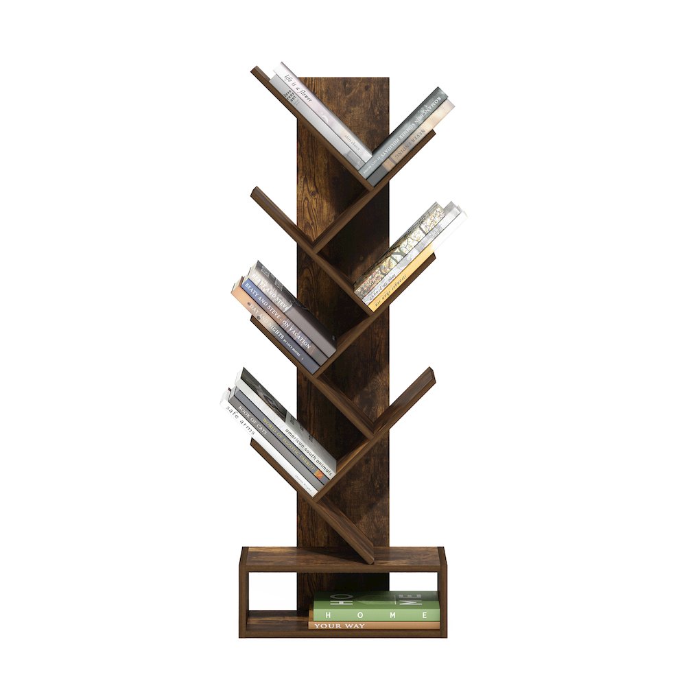 Tree Bookshelf 7-Tier Floor Standing Tree Bookcase with Bottom Shelf, Amber Pine. Picture 5