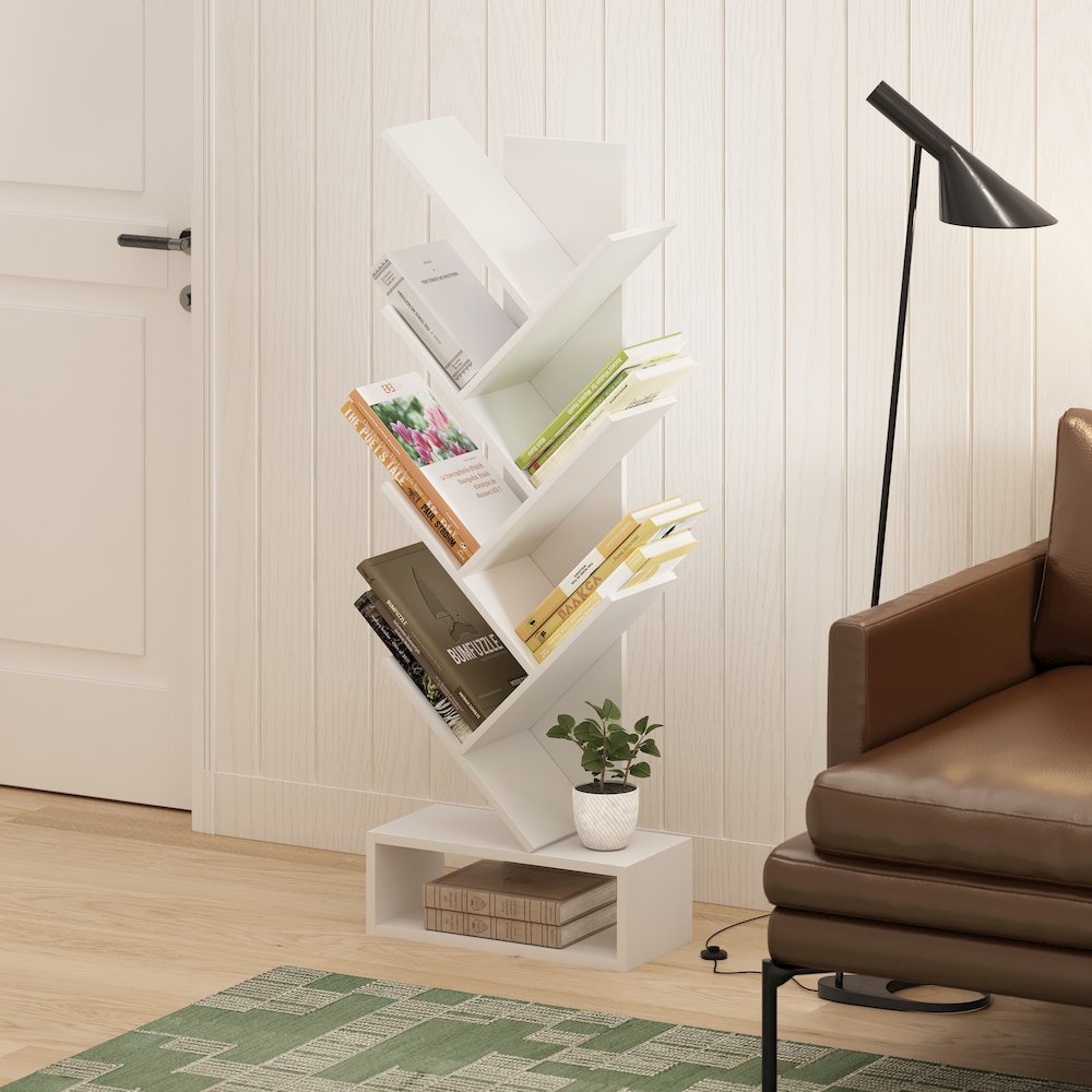 Tree Bookshelf 7-Tier Floor Standing Tree Bookcase with Bottom Shelf, White. Picture 6