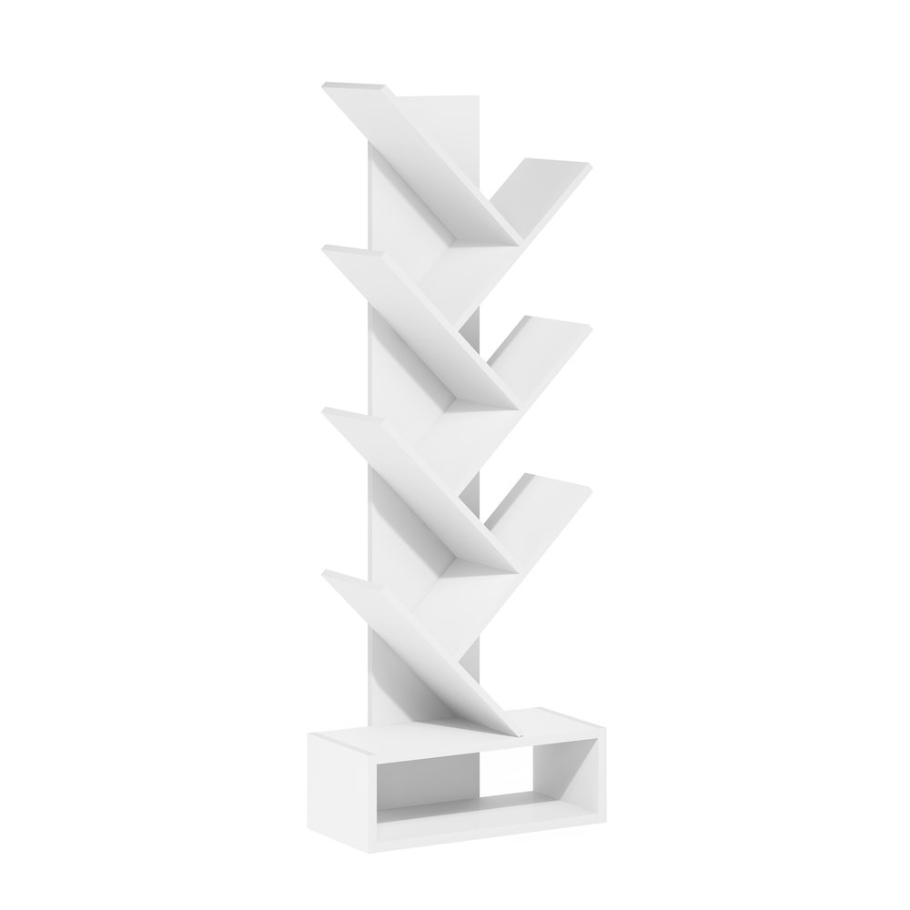 Tree Bookshelf 7-Tier Floor Standing Tree Bookcase with Bottom Shelf, White. Picture 1