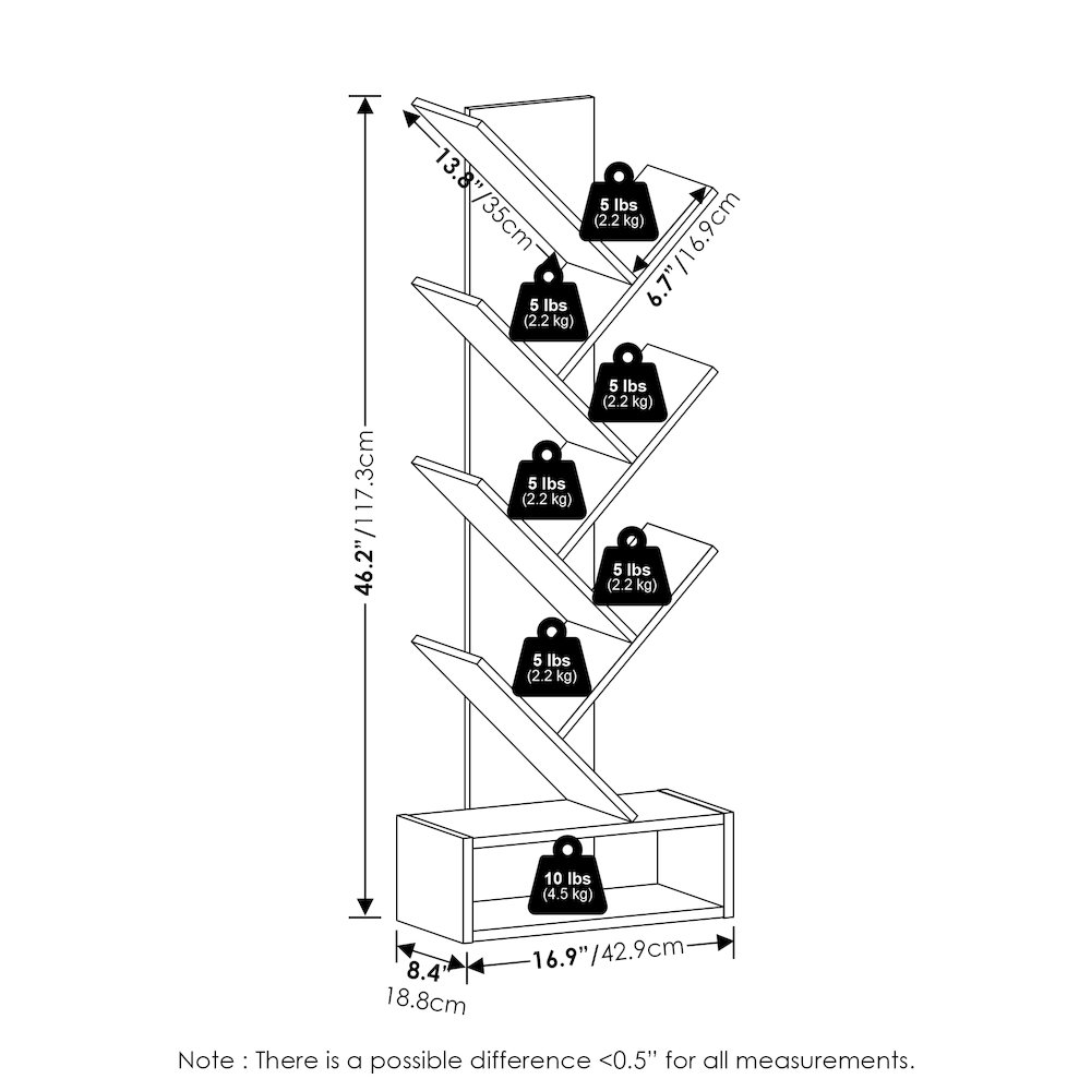 Tree Bookshelf 7-Tier Floor Standing Tree Bookcase with Bottom Shelf, White. Picture 2