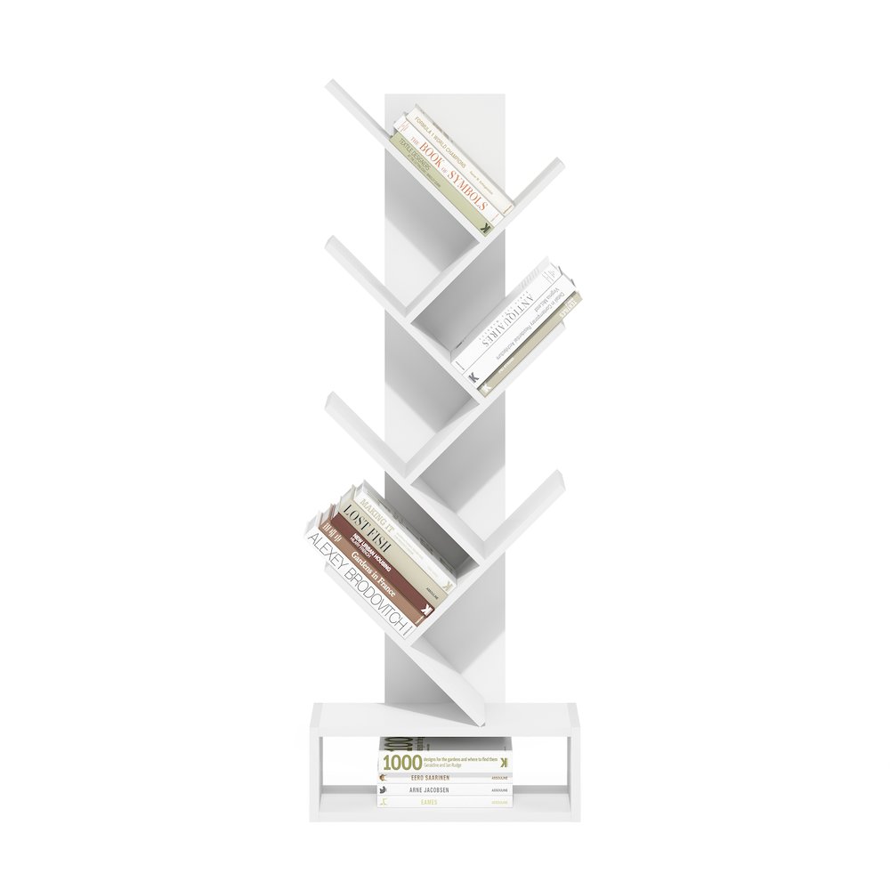 Tree Bookshelf 7-Tier Floor Standing Tree Bookcase with Bottom Shelf, White. Picture 5