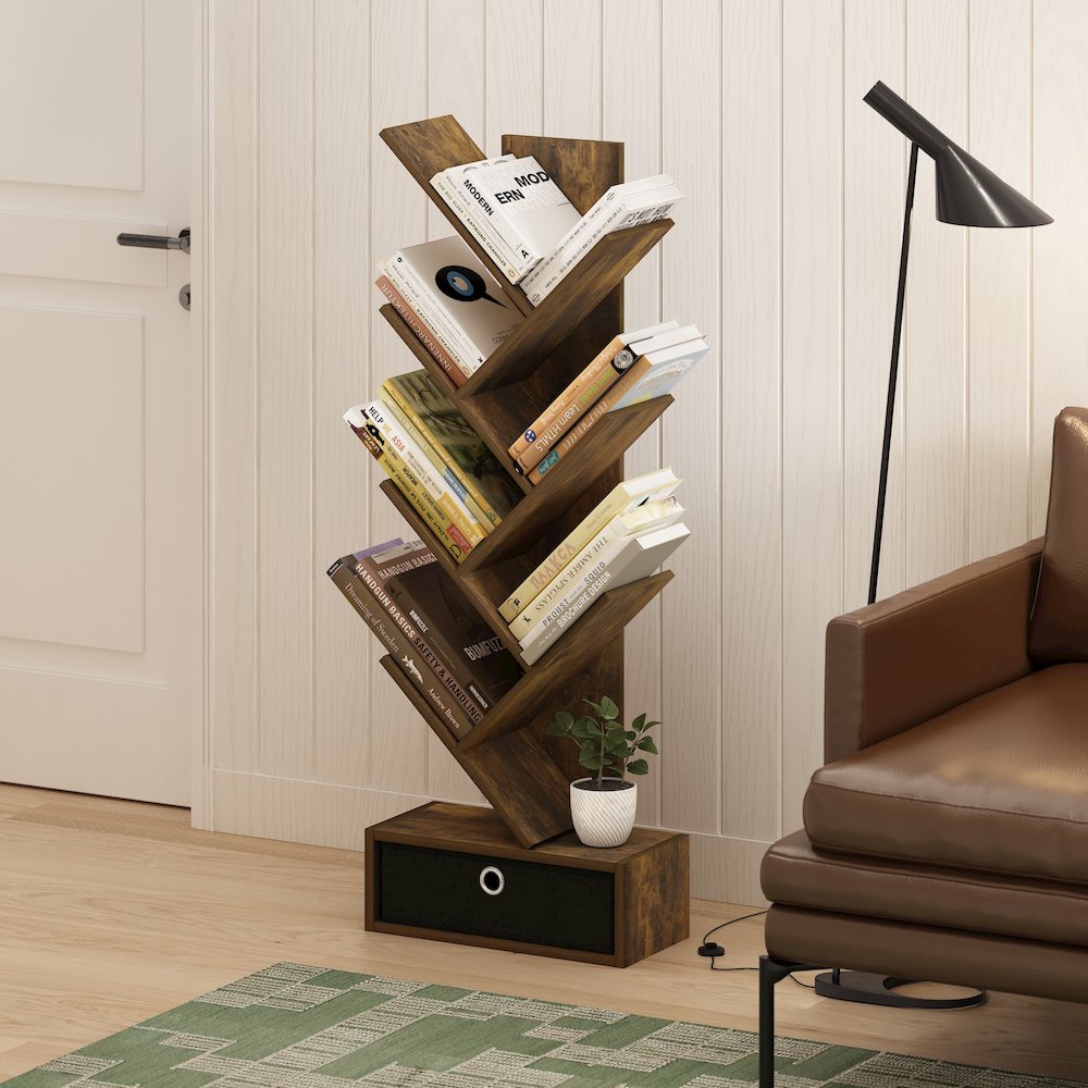 Tree Bookshelf 7-Tier Floor Standing Tree Bookcase with Bin Drawer. Picture 6