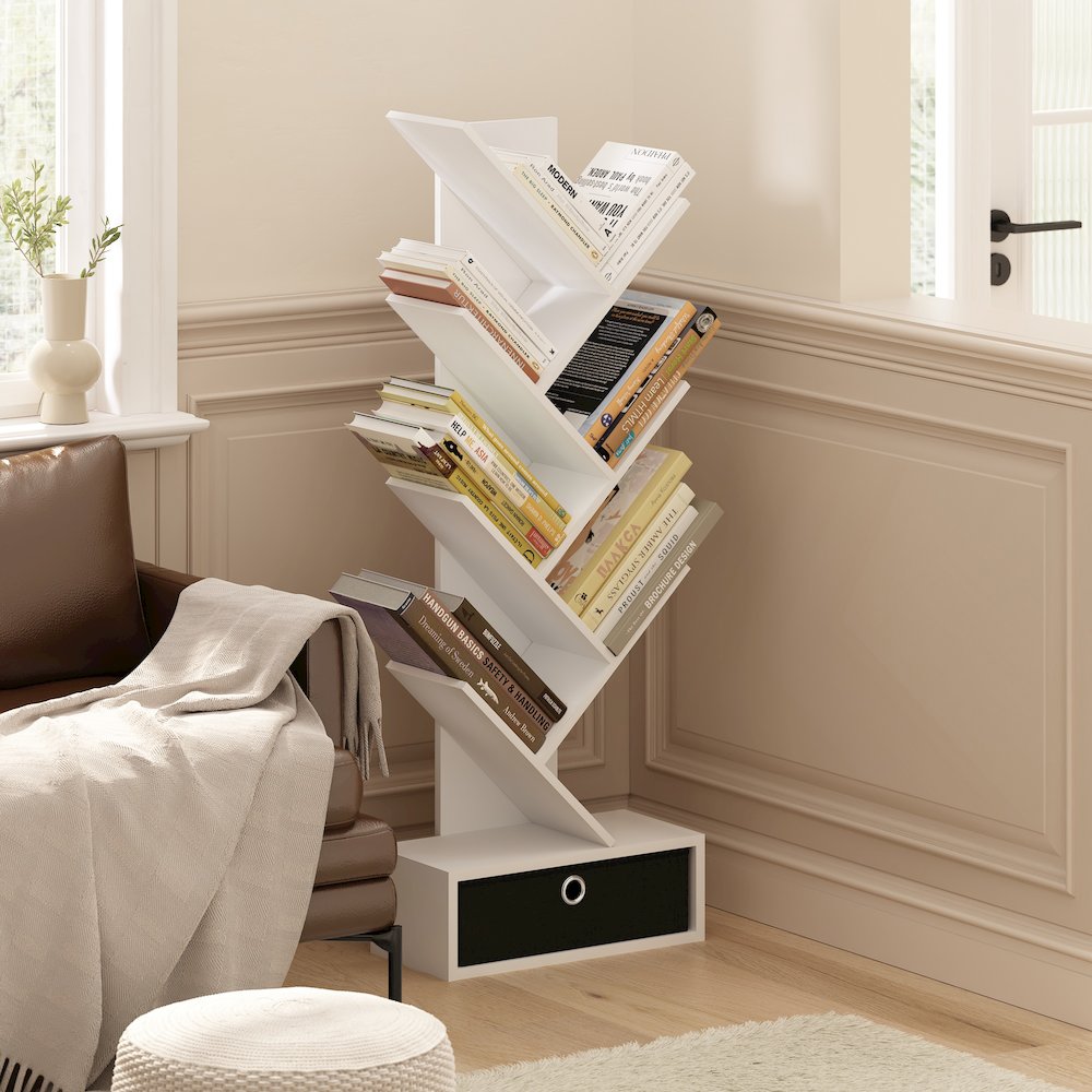 Tree Bookshelf 7-Tier Floor Standing Tree Bookcase with Bin Drawer, White/Black. Picture 6