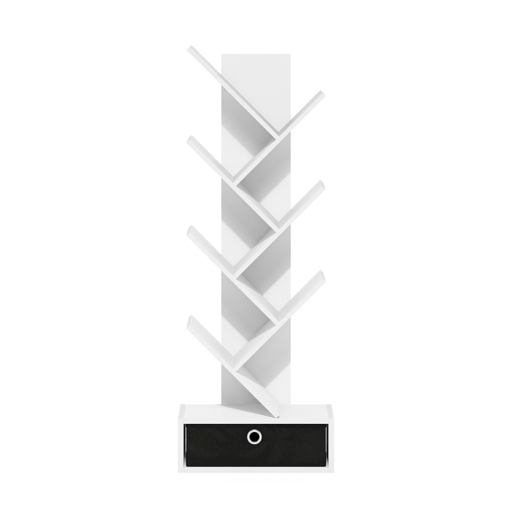 Tree Bookshelf 7-Tier Floor Standing Tree Bookcase with Bin Drawer, White/Black. Picture 3