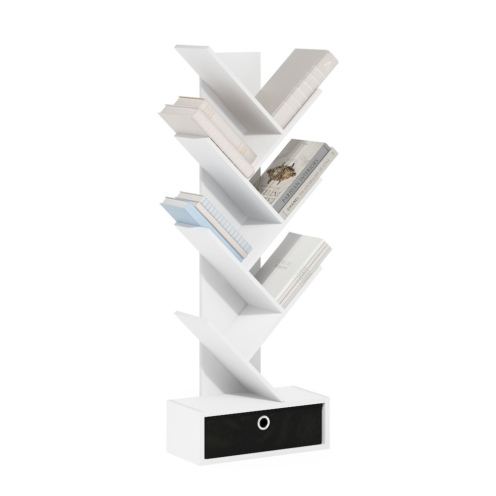 Tree Bookshelf 7-Tier Floor Standing Tree Bookcase with Bin Drawer, White/Black. Picture 4